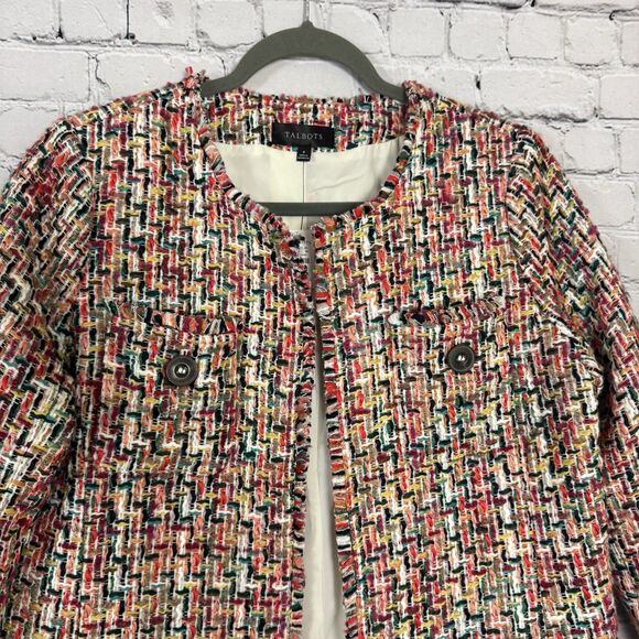 NWT Talbots Candy Tweed Fringe Topper Open Jacket Coat Women 8 Red Multi Pockets - Picture 7 of 13